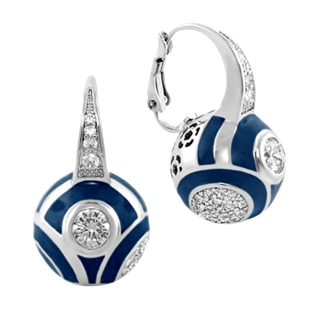 Magic 8 Earrings, blue enamel sphere with crystal accents, Lauren G Adams, hoop style pair on Tampa Home & Garden Store