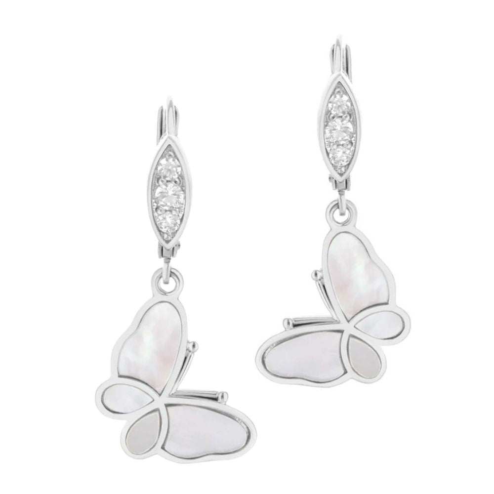 Mariposa Earrings pair by Lauren G Adams, silver-tone lever-back butterfly mother-of-pearl charms on Tampa Home & Garden Store