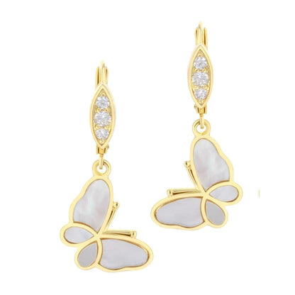 Mariposa Earrings - Lever Back, gold-tone butterfly dangle with mother-of-pearl wings crystal top, pair on Tampa Home & Garden Store