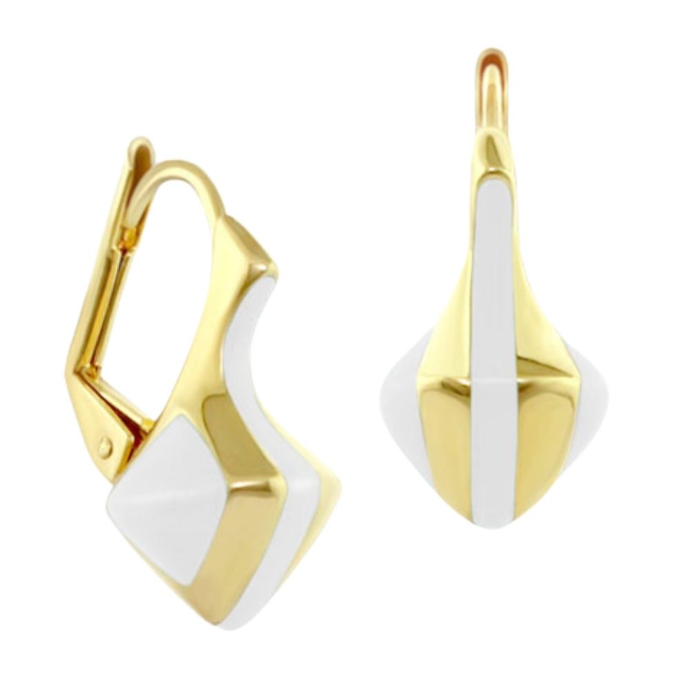 The Golden Favorites Earrings, pair of gold-tone geometric drop earrings with white enamel accents on Tampa Home & Garden Store