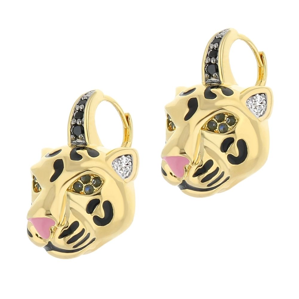 Sweet Leopard Earrings by Lauren G Adams, gold-tone leopard head with black spots and pink nose on Tampa Home & Garden Store