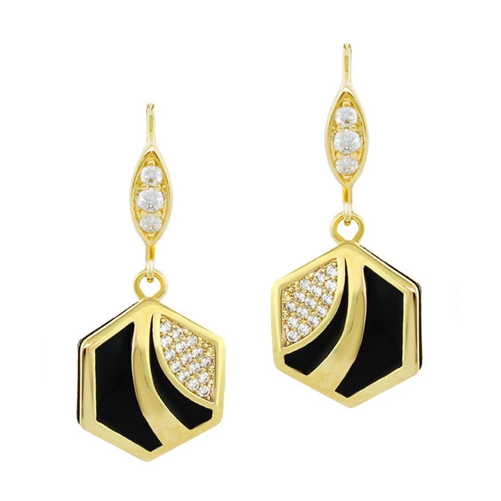 Beehive Earrings by Lauren G Adams, gold-tone drop with black enamel honeycomb crystals on Tampa Home & Garden Store