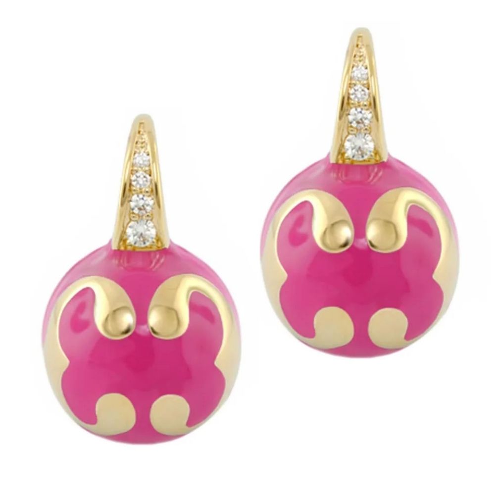 Bamboo Scroll Drop Earrings, pink round resin with gold-tone scrolls and diamond tops, pair on Tampa Home & Garden Store