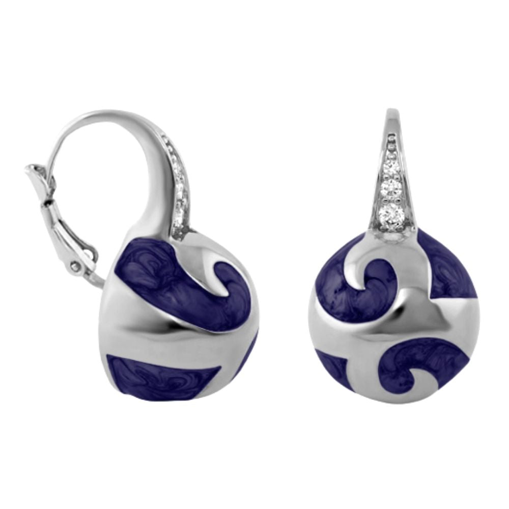 Good Karma Ball Earrings by Lauren G Adams, silver-tone hoops with blue enamel swirls, pair on Tampa Home & Garden Store