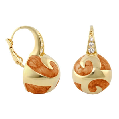 Good Karma Ball Earrings, pair by Lauren G Adams, gold-tone hoops with orange swirl enamel balls, diamond bail on Tampa Home & Garden Store