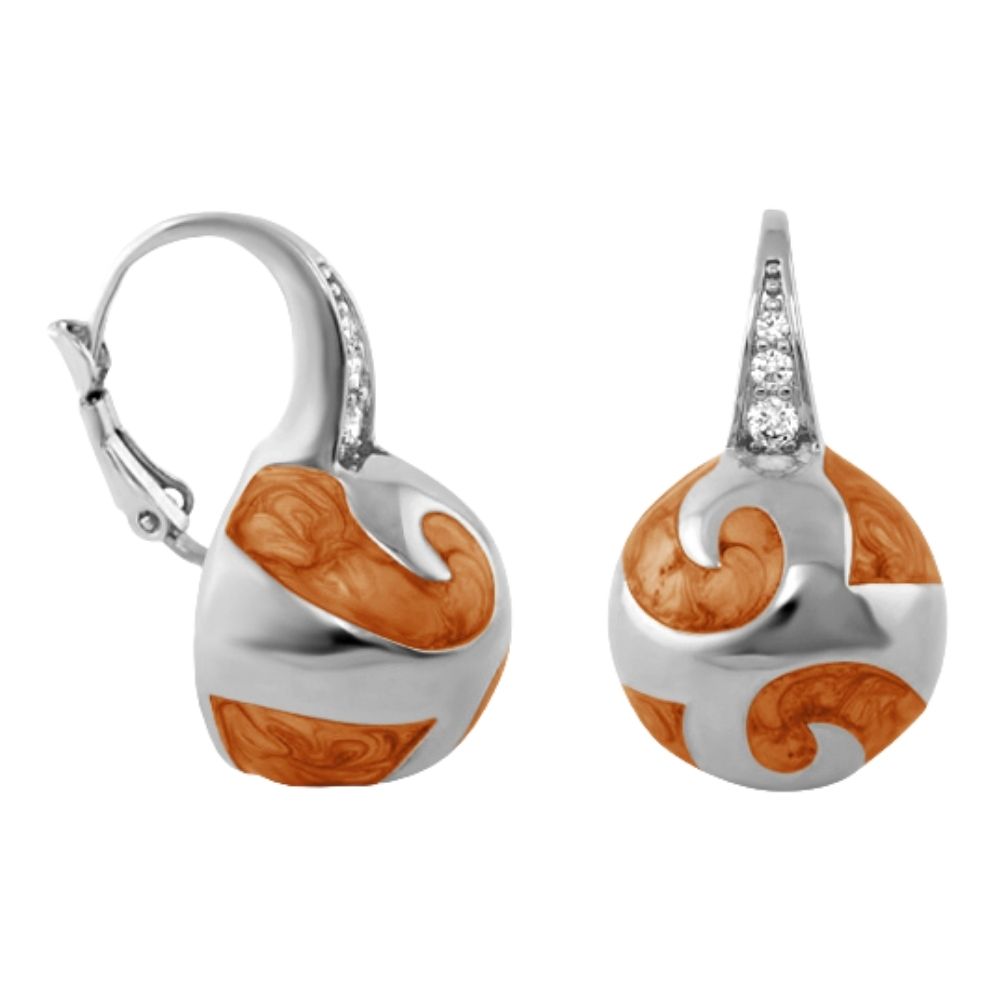Good Karma Ball Earrings by Lauren G Adams, silver ball form with orange swirl enamel on Tampa Home & Garden Store