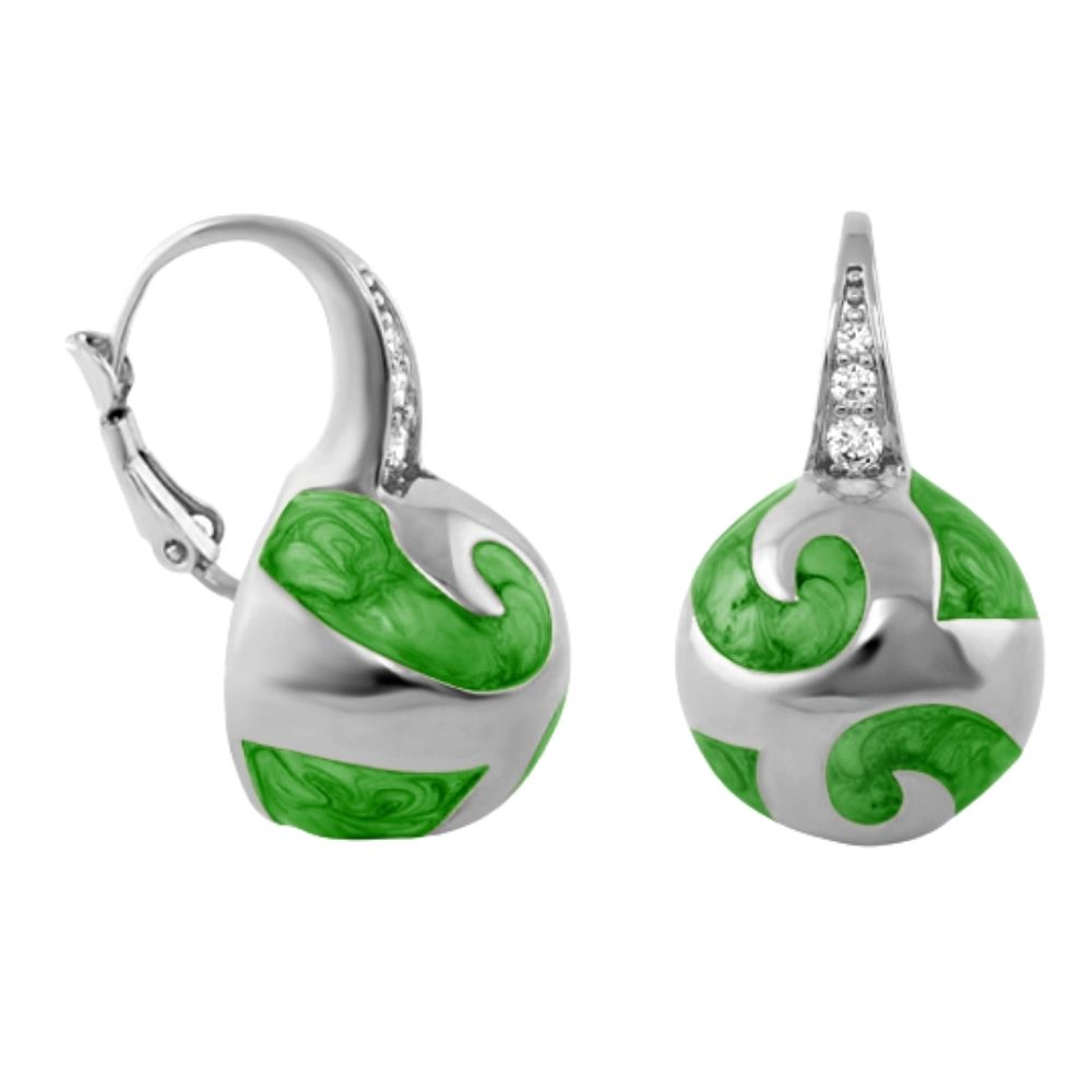 Good Karma Ball Earrings by Lauren G Adams, hoops with green enamel swirl and diamonds on Tampa Home & Garden Store