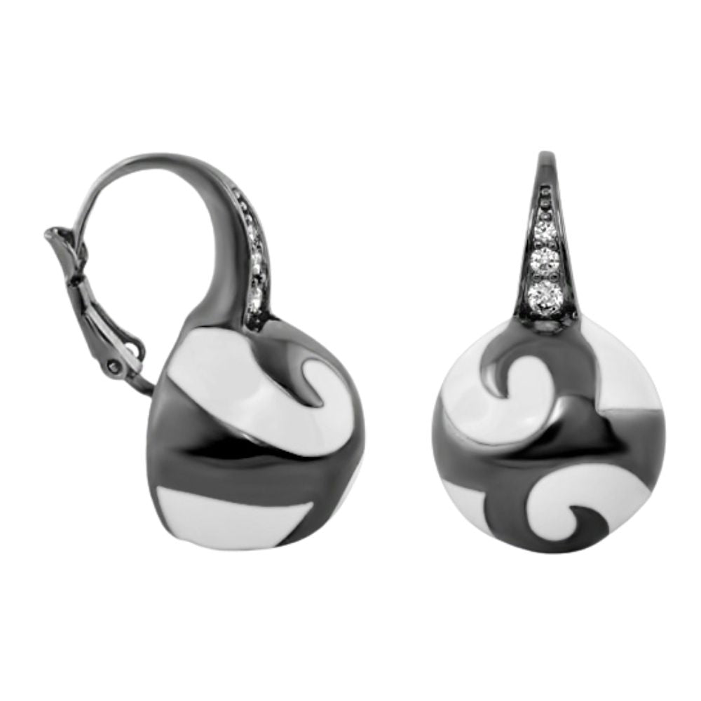 Good Karma Ball Earrings by Lauren G Adams, duotone black swirl spheres with diamond bail pair on Tampa Home & Garden Store