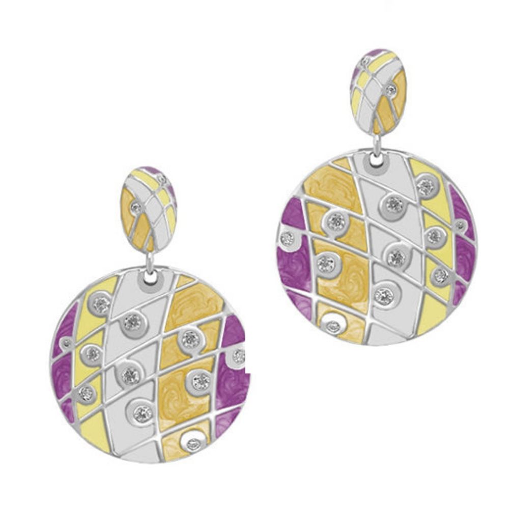 Sunburst chandelier earrings, yellow purple white mosaic with crystals, Lauren G Adams set on Tampa Home & Garden Store