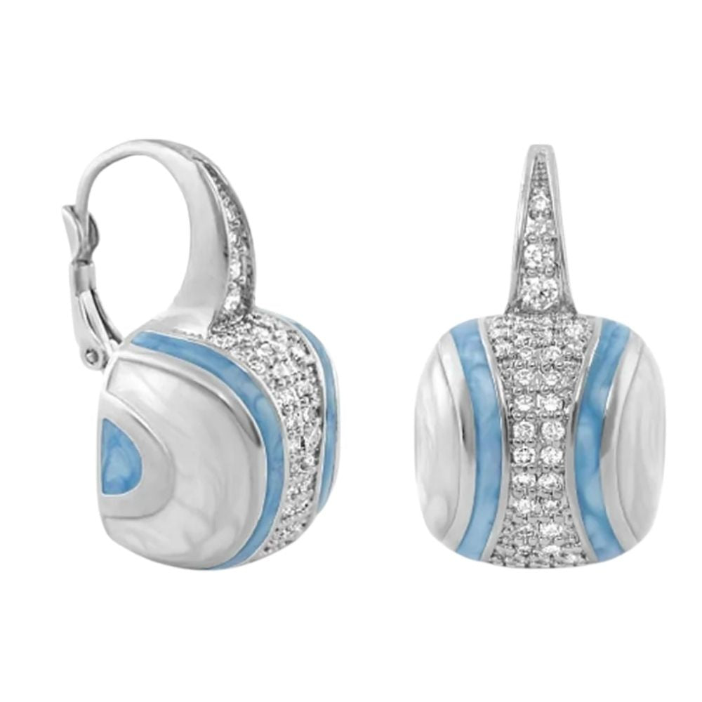 Curvy Swirls Earrings by Lauren G Adams, lever-back with diamonds and blue enamel accents on Tampa Home & Garden Store