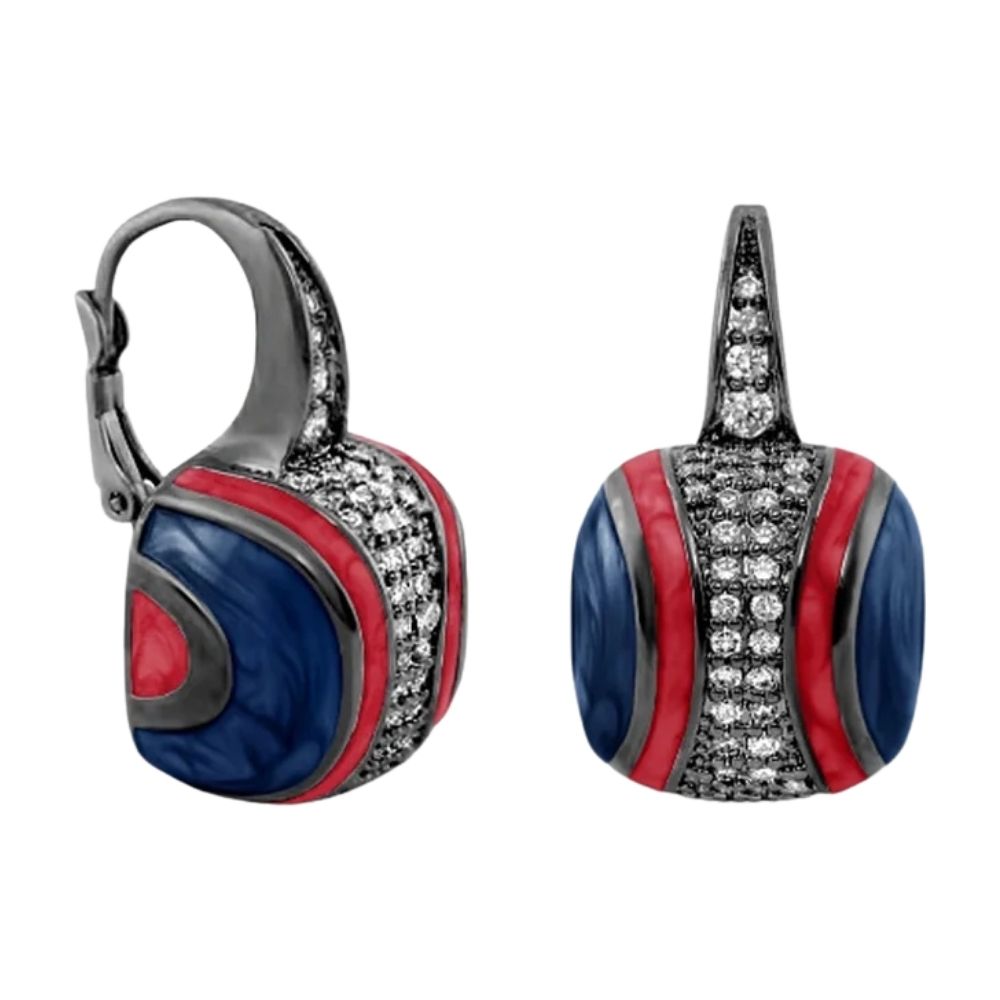 Curvy Swirls Earrings pair with blue and red enamel and pavé diamond accents, lever-back hoops on Tampa Home & Garden Store
