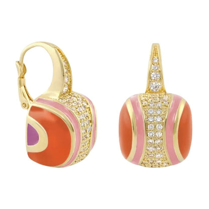 Curvy Swirls Earrings gold-tone hoops with orange and pink enamel panels and pavé crystals on Tampa Home & Garden Store