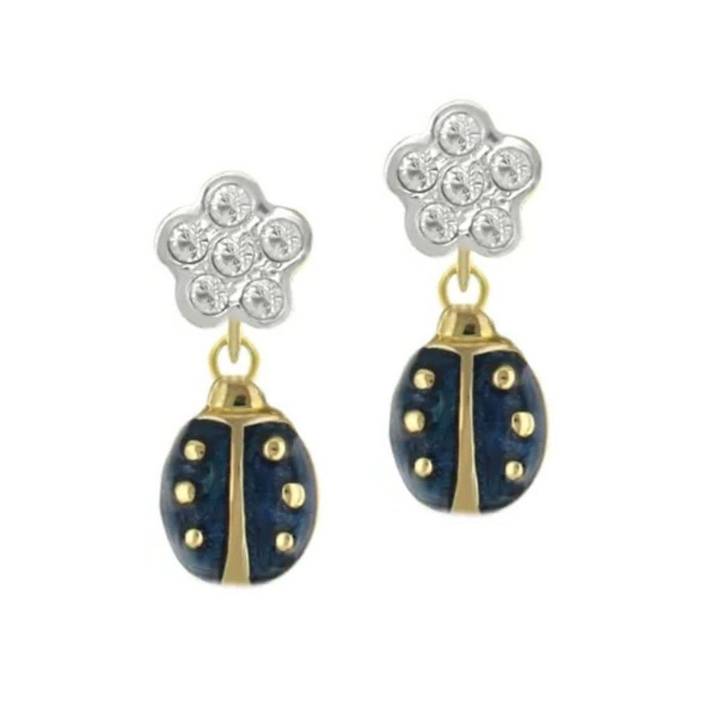 Lady Poof Earring by Lauren G Adams: silver flower crystal stud with gold-tone navy ladybug drop on Tampa Home & Garden Store