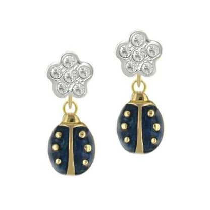 Lady Poof Earring by Lauren G Adams: silver flower crystal stud with gold-tone navy ladybug drop on Tampa Home & Garden Store