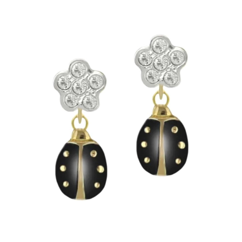 Lady Poof Earring pair with crystal flower stud and gold-tone ladybug drops on Tampa Home & Garden Store