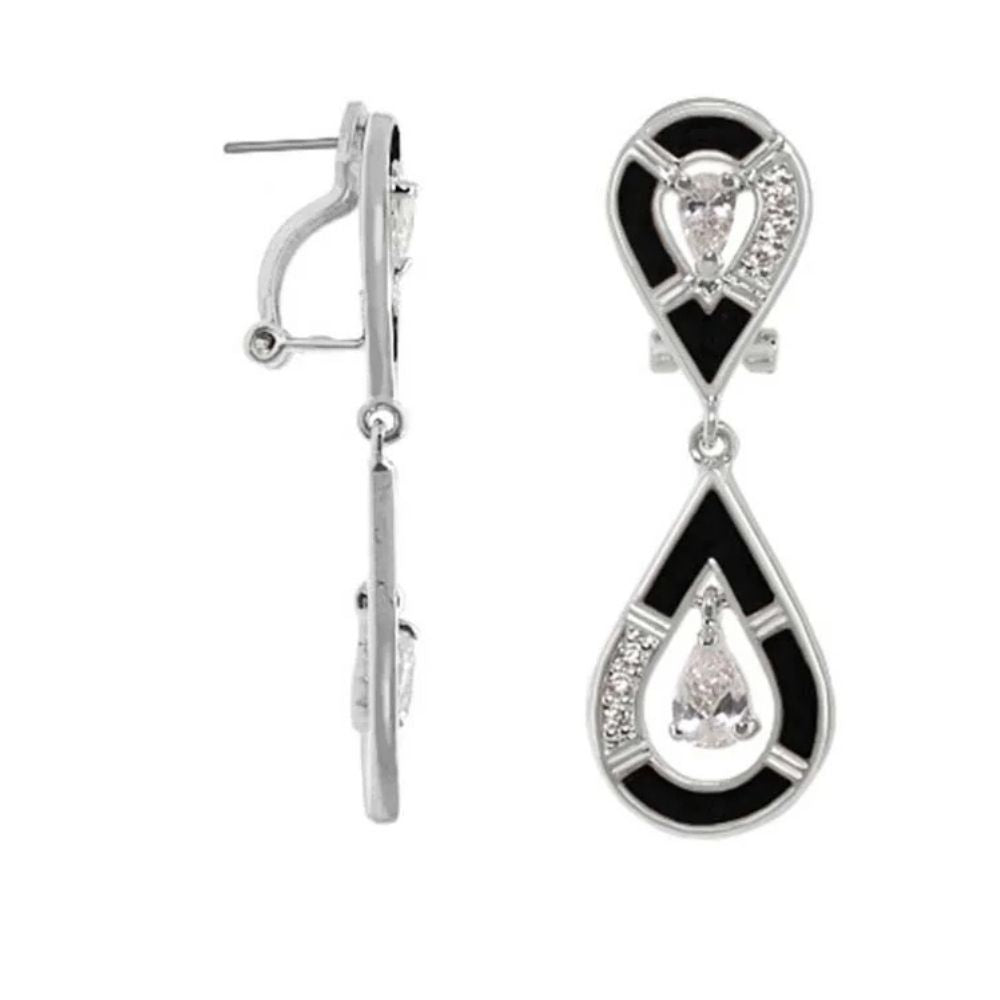 Tear drop earrings pair by Lauren G Adams with black enamel and crystals in silver setting on Tampa Home & Garden Store