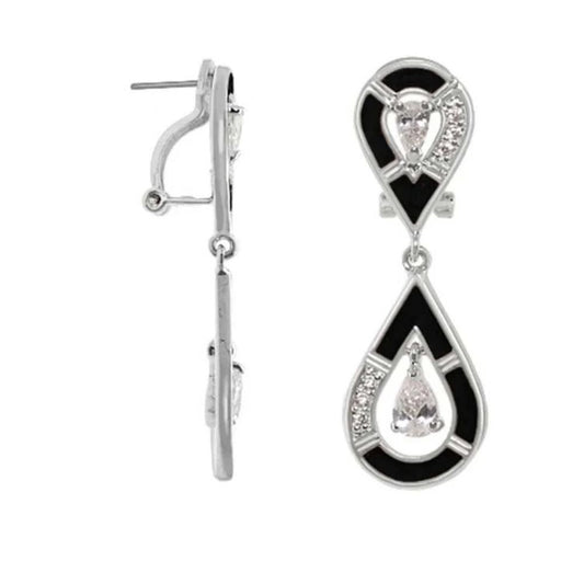 Tear drop earrings pair by Lauren G Adams with black enamel and crystals in silver setting on Tampa Home & Garden Store