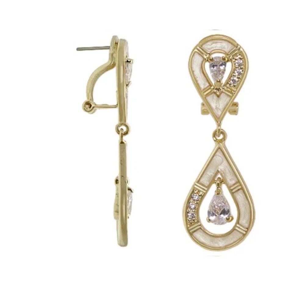 Tear Drop Earrings pair by Lauren G Adams, gold-tone with white enamel and crystal accents on Tampa Home & Garden Store