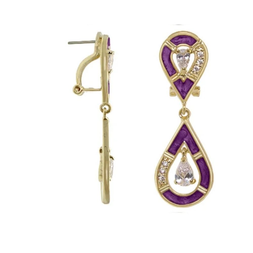 Tear drop earrings gold-tone with purple enamel and clear stones by Lauren G Adams, pair on Tampa Home & Garden Store