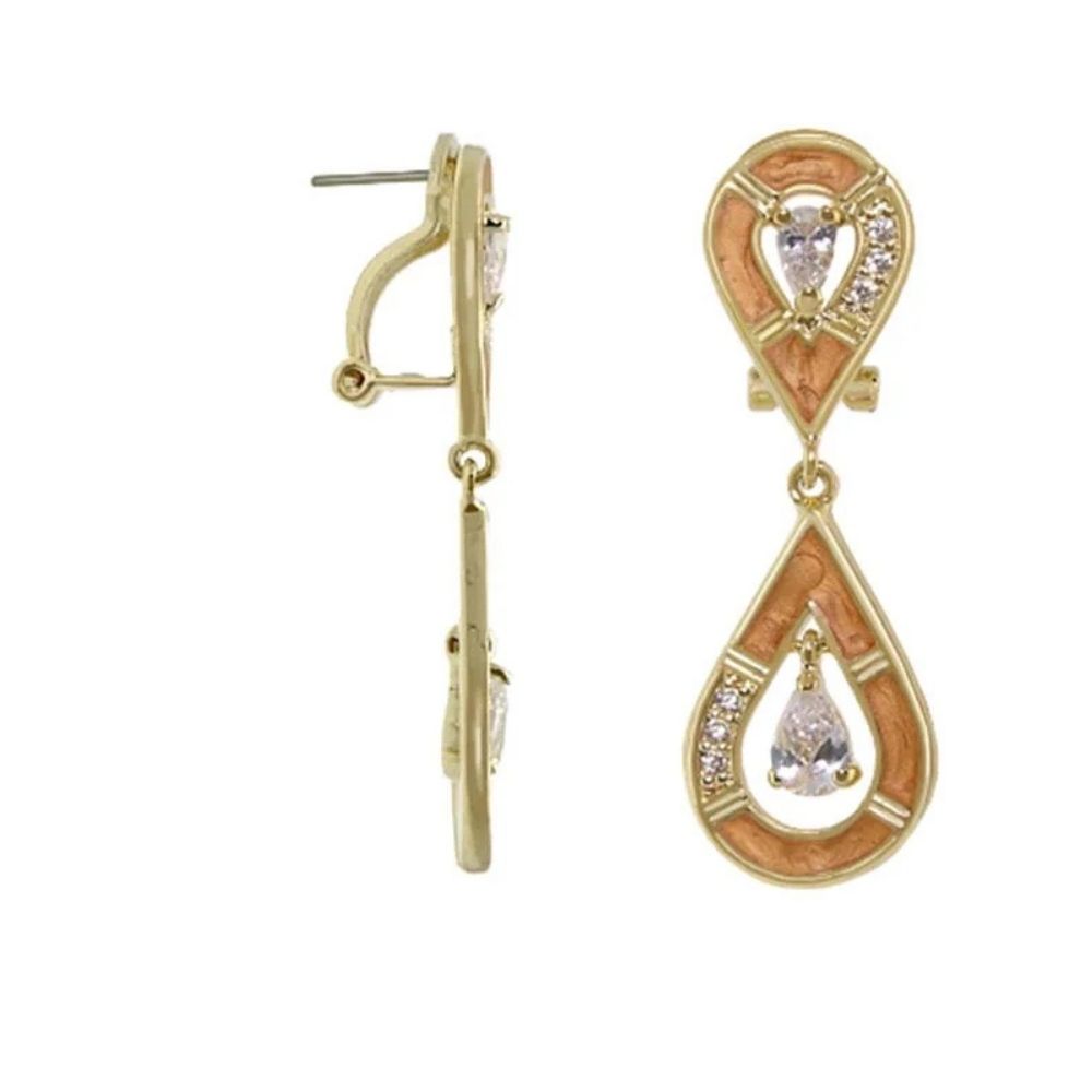 Tear Drop Earrings pair by Lauren G Adams, gold-tone dangle with peach enamel and crystals on Tampa Home & Garden Store