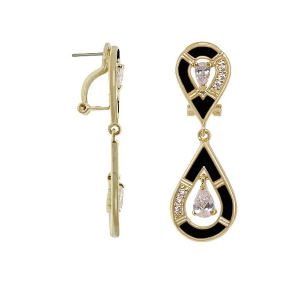 Tear Drop Earrings by Lauren G Adams, gold-tone with black enamel and crystal teardrop on Tampa Home & Garden Store
