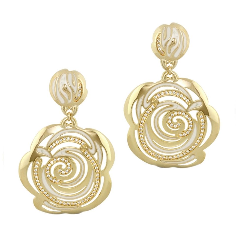Rose flower earrings gold-tone, openwork swirls with crystal pavé, Lauren G Adams pair on Tampa Home & Garden Store