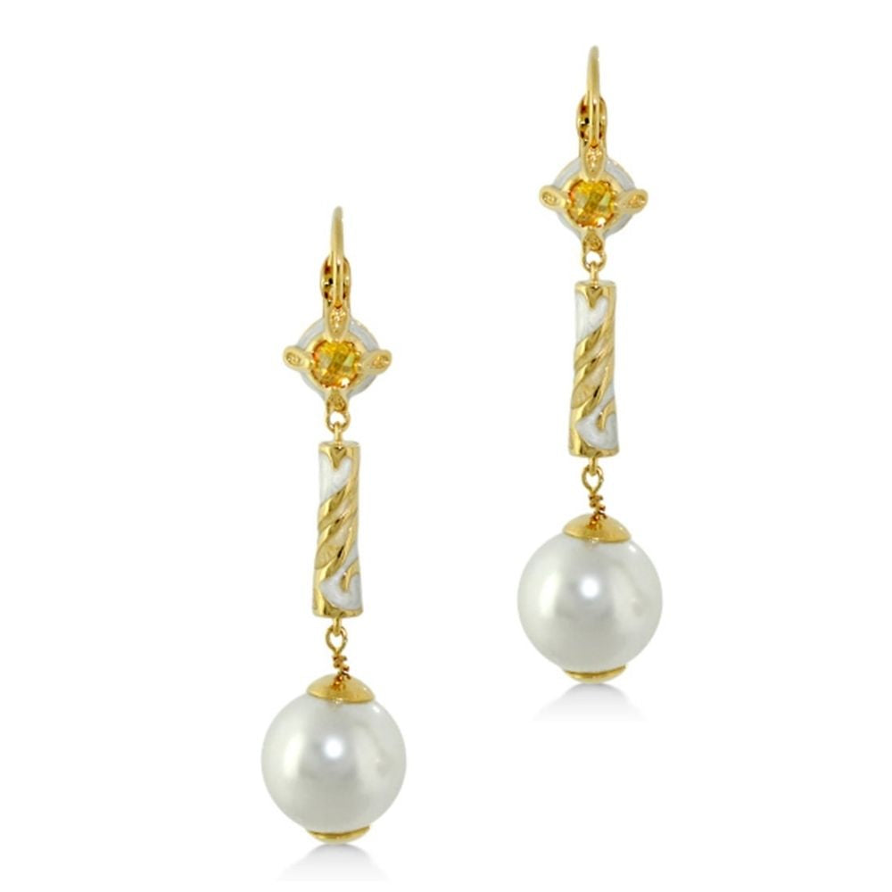 Pair of Daisy Swirl Pearl Drop Earrings by Lauren G Adams, gold-tone leverbacks with pearl drops on Tampa Home & Garden Store