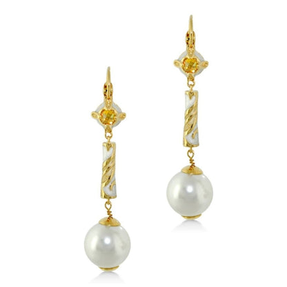 Pair of Daisy Swirl Pearl Drop Earrings by Lauren G Adams, gold-tone leverbacks with pearl drops on Tampa Home & Garden Store