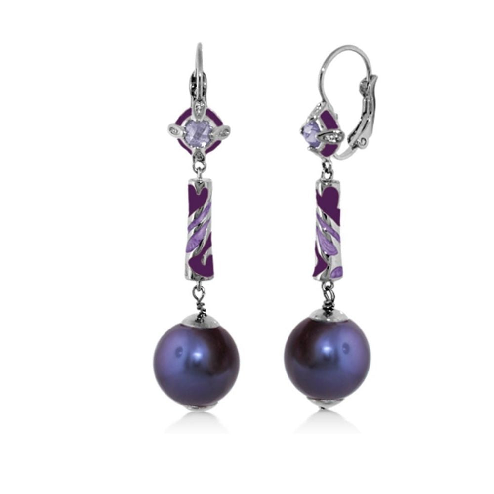Daisy Swirl Earrings by Lauren G Adams with purple enamel bars and pearl drops, leverback on Tampa Home & Garden Store