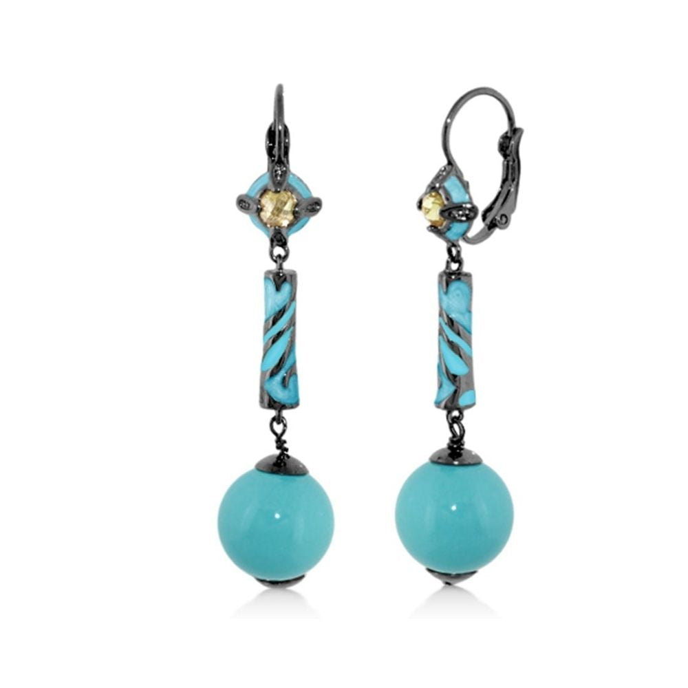 Daisy Swirl Earrings Pearl Drop Leverback turquoise bead drop with blue enamel swirl on Tampa Home & Garden Store