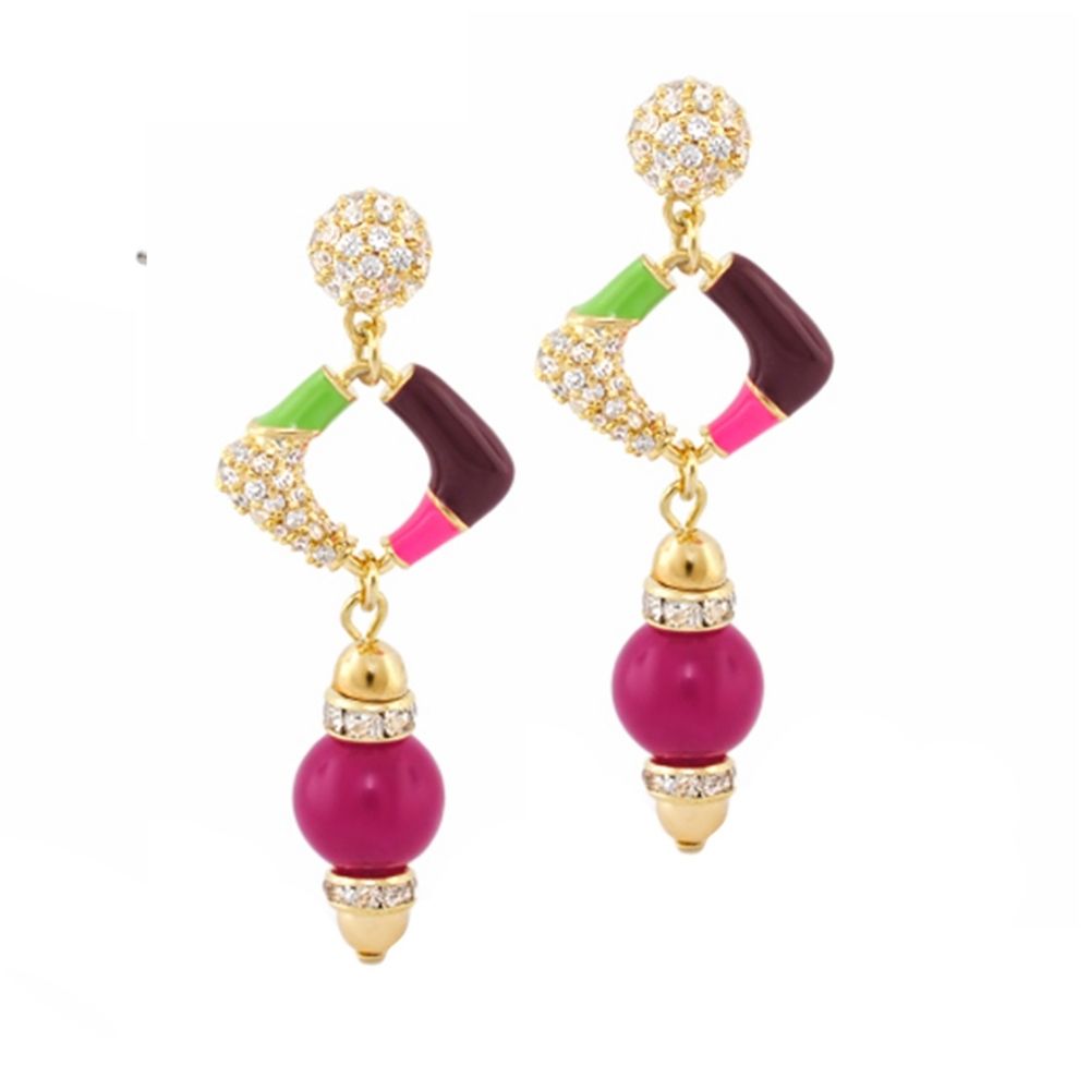 Summer Dream Earrings by Lauren G Adams, gold-tone with crystal and magenta bead on Tampa Home & Garden Store