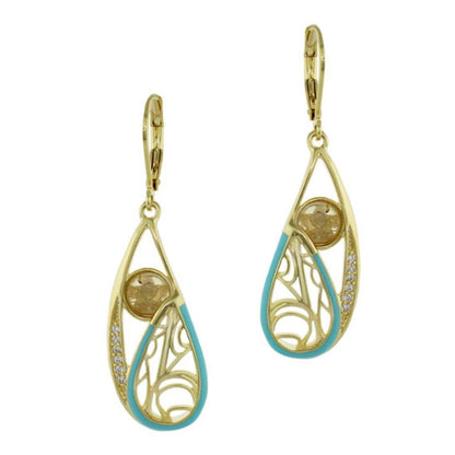 Gold-tone teardrop earrings with turquoise enamel edge and filigree inner, crystal accents on Tampa Home & Garden Store