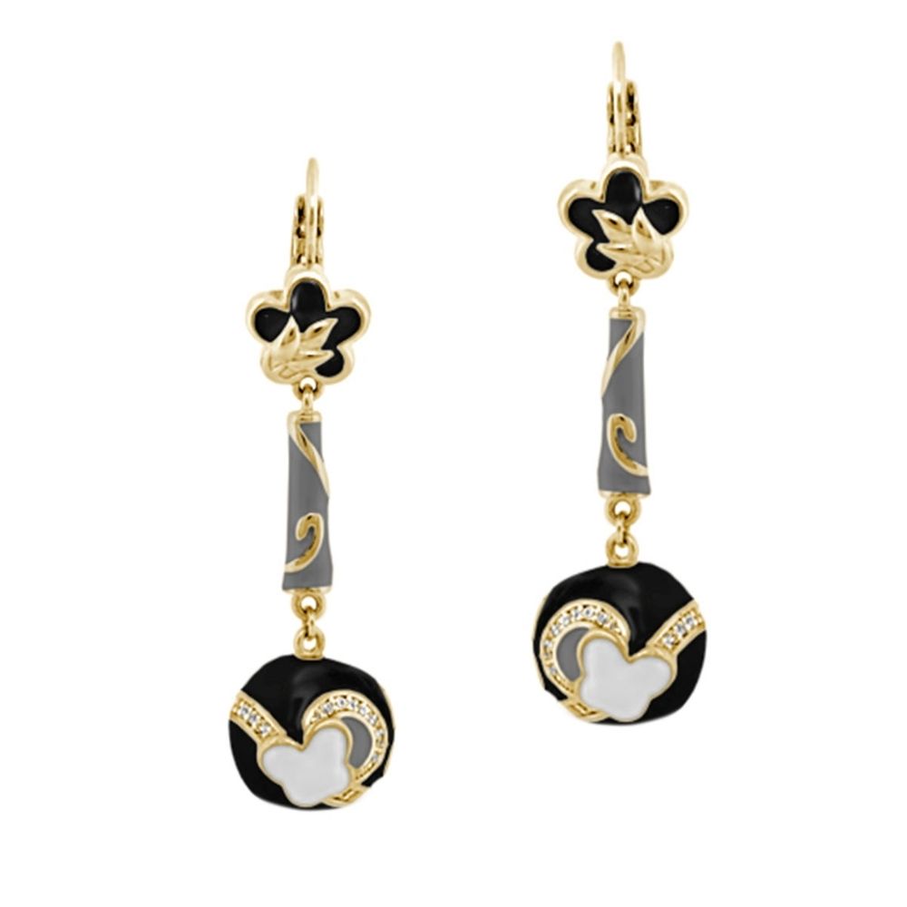 You Neek earrings by Lauren G Adams; gold floral tops, gray bar, black cloud charms, pair on Tampa Home & Garden Store