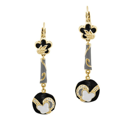You Neek Earrings Lauren G Adams, gold floral tops with graybar and black disk charms, pair on Tampa Home & Garden Store