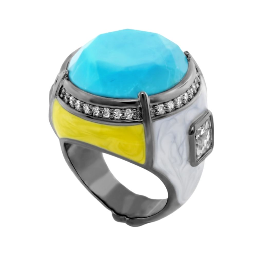 Caribbean Waters Cocktail Ring by Lauren G Adams with turquoise cabochon, yellow enamel and pavé crystals on Tampa Home & Garden Store