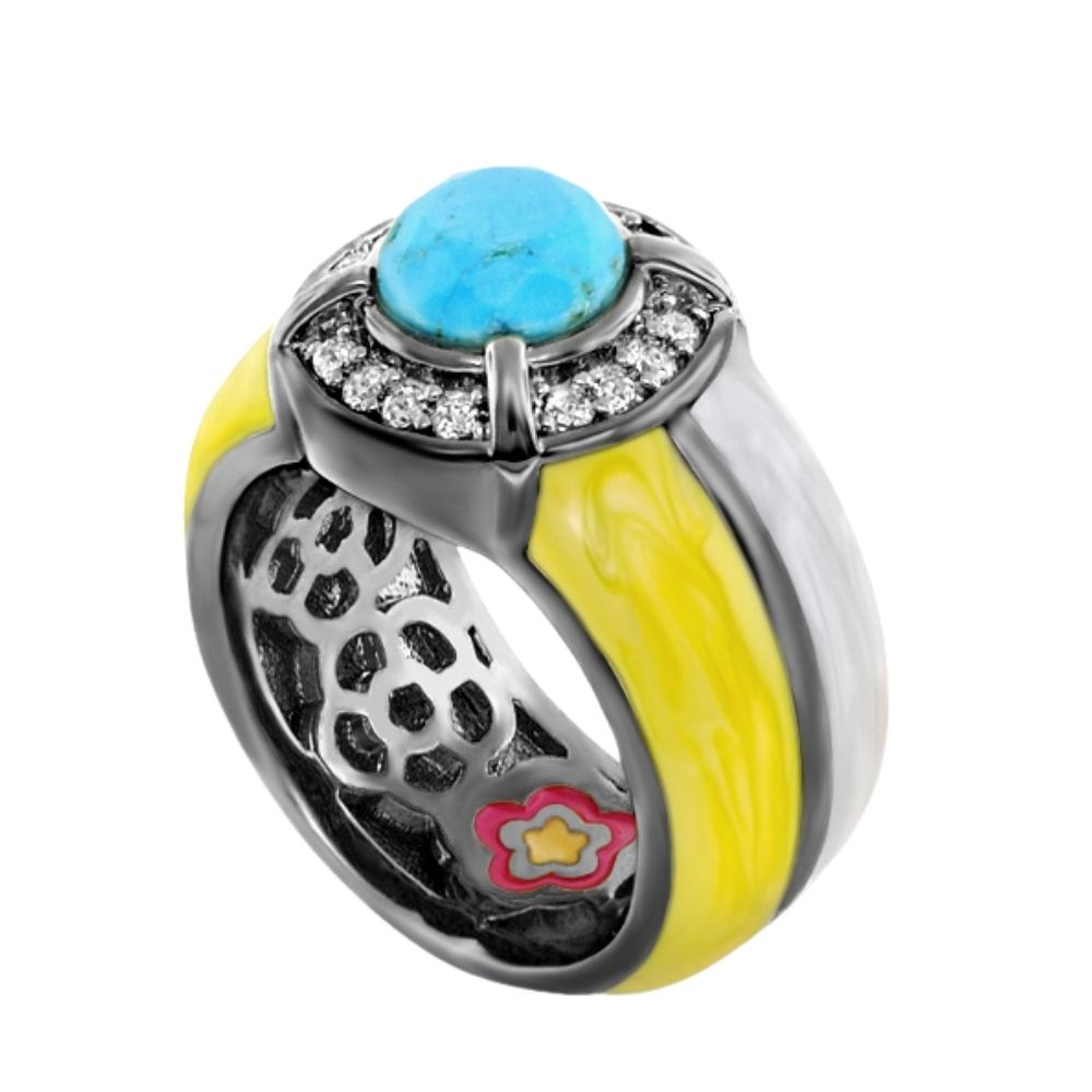 Caribbean Waters Ring turquoise cabochon with diamond halo, yellow enamel band, Lauren G Adams on Tampa Home & Garden Store