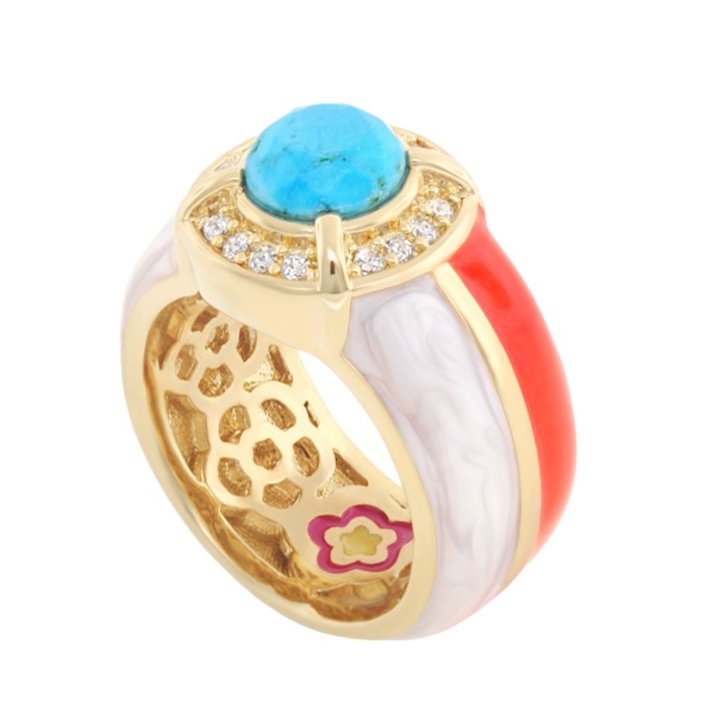 Caribbean Waters Ring turquoise cabochon with diamond halo on a gold band with red enamel on Tampa Home & Garden Store
