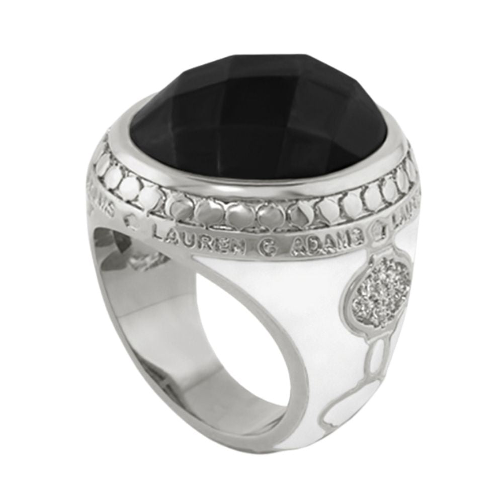 Dragon Lady Cocktail Ring with black gemstone and silver band engraved Lauren G Adams on Tampa Home & Garden Store