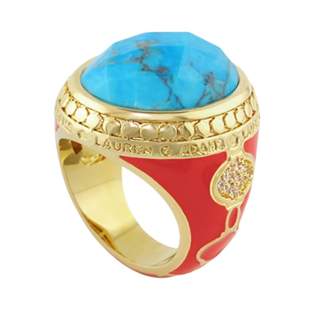 Dragon Lady Cocktail Ring gold tone with turquoise cabochon and red enamel by Lauren G Adams on Tampa Home & Garden Store