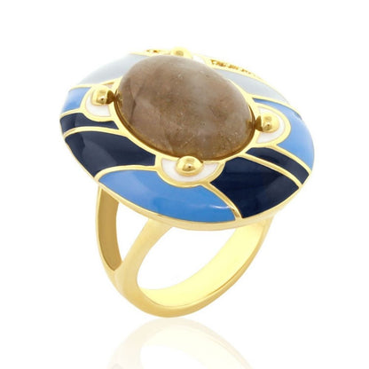Blue Dream Ring, gold-tone band with blue enamel inlay and brown cabochon center on Tampa Home & Garden Store