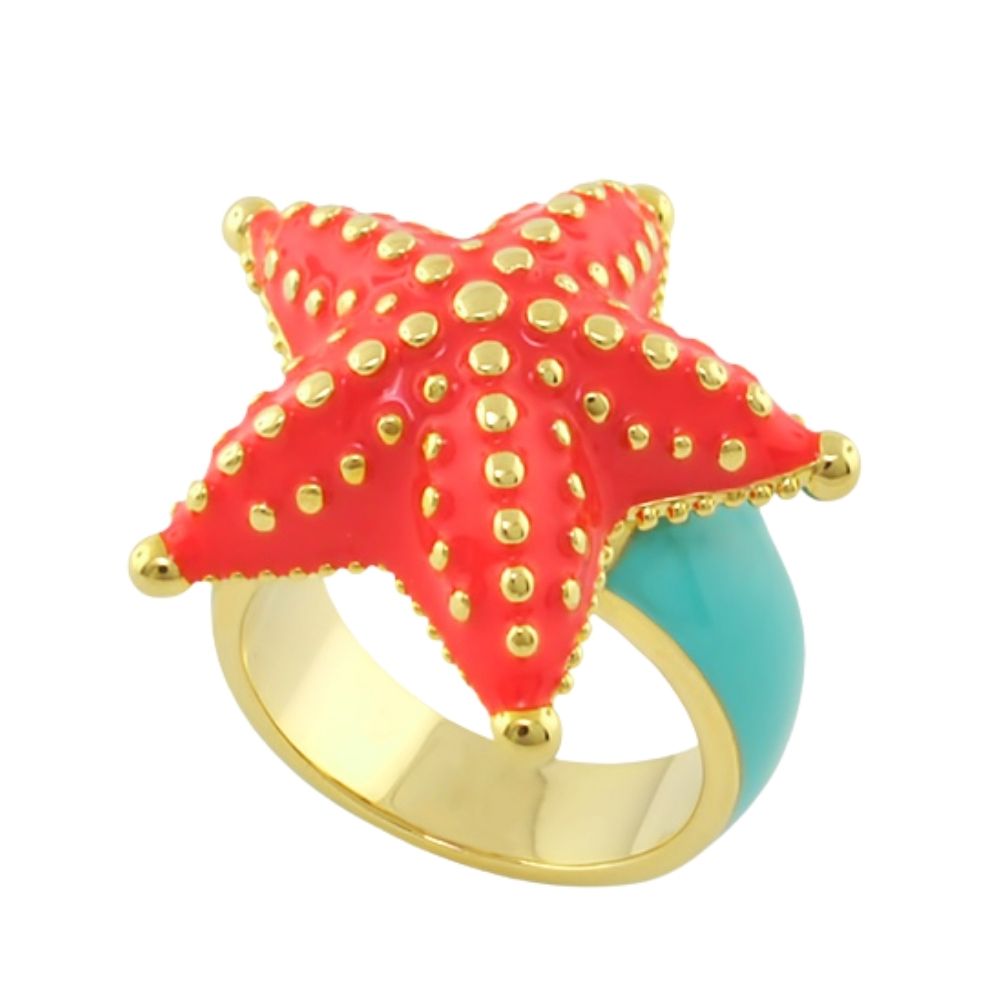 Eau Starfish Cocktail Ring Lauren G Adams red starfish with gold studs on turquoise band on Tampa Home & Garden Store