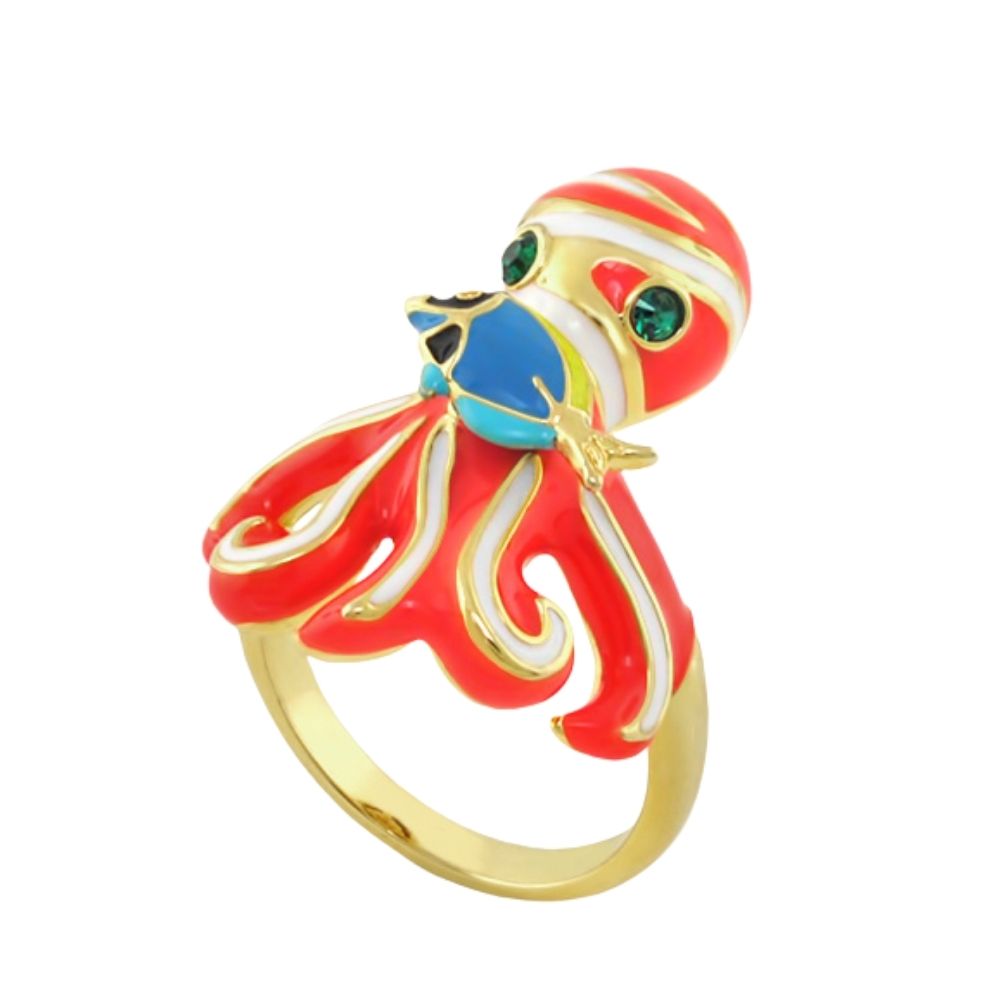 Eau Octopus Ring red enamel octopus with green eyes gold band by Lauren G Adams Rings on Tampa Home & Garden Store