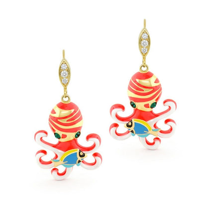 Eau Octopus Earrings by Lauren G Adams, red and gold octopus charm pair with crystal drop hooks on Tampa Home & Garden Store