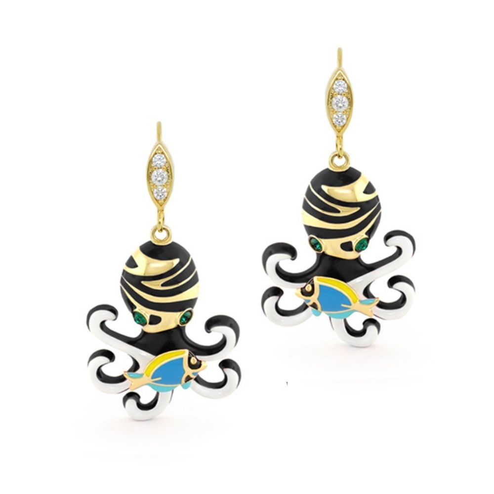 Eau Octopus Earrings by Lauren G Adams, gold-tone drops with striped black octopus and blue fish on Tampa Home & Garden Store