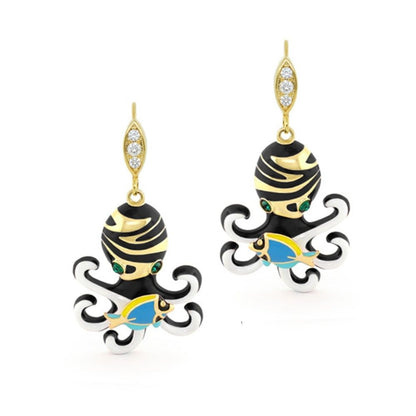 Eau Octopus Earrings by Lauren G Adams, gold-tone drops with striped black octopus and blue fish on Tampa Home & Garden Store