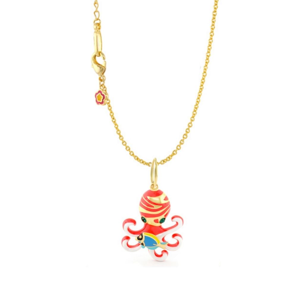 Eau Octopus Pendant Lauren G Adams on gold chain red octopus with tiny fish on Tampa Home & Garden Store