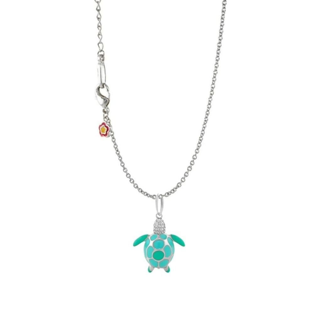 Eau Sea Turtle Necklace turquoise turtle pendant on silver chain with red flower charm on Tampa Home & Garden Store