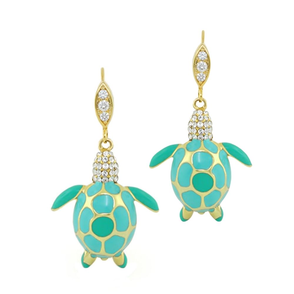 18K gold sea turtle earrings with turquoise enamel shells, diamond-accented tops, a pair on Tampa Home & Garden Store