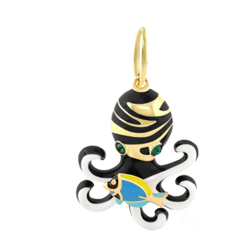 18K Gold Octopus Pendant by Lauren G Adams with black enamel, emerald eyes, fish accent on Tampa Home & Garden Store