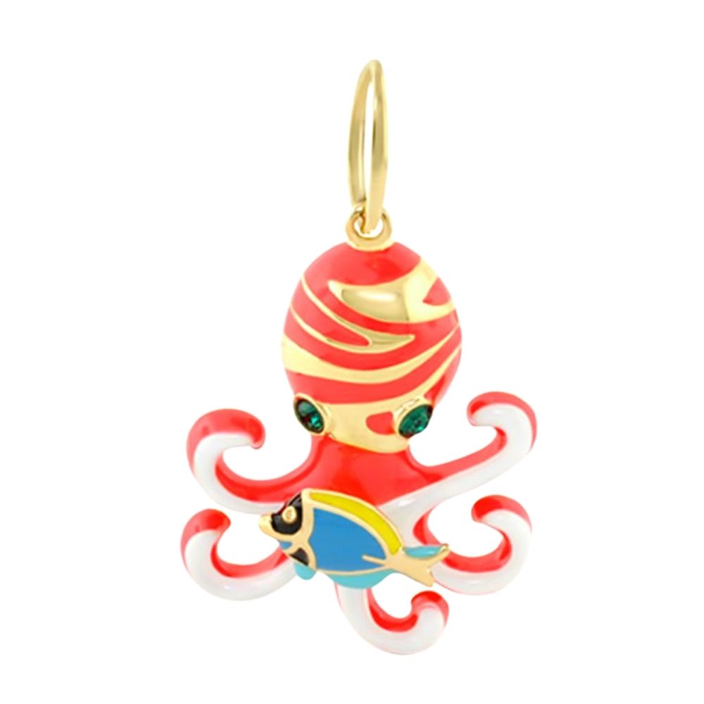 18K Gold Octopus Pendant with red enamel tentacles, blue fish accent by Lauren G Adams on Tampa Home & Garden Store